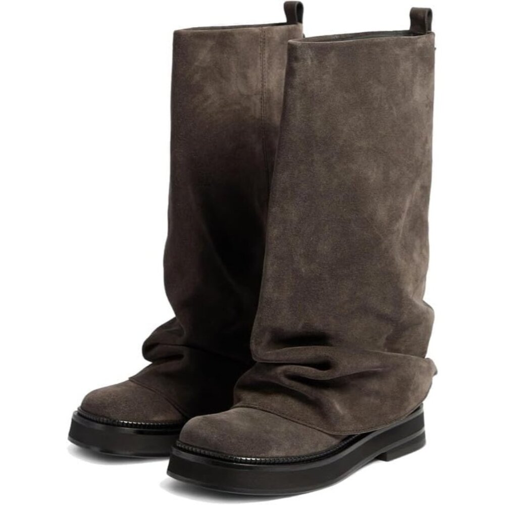 Women's Suede Taupe Slouchy Knee High Casual Round Toe Pull On Riding Biker Boot